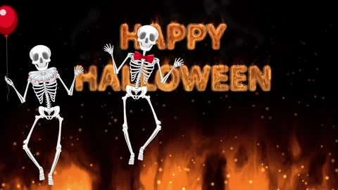 Dancing Skeletons with Happy Halloween Fire Text and Burning Ground Stock Footage 341723842