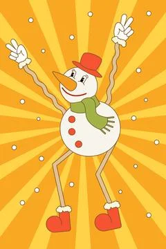 Dancing snowman. Vector illustration in groovy style for cards, flyers, posters Stock Illustration