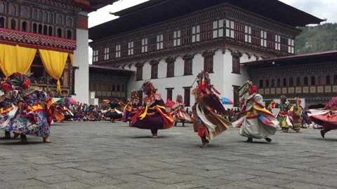 Dancing at the Thimphu Drubchen Festival, Bhutan Stock Footage