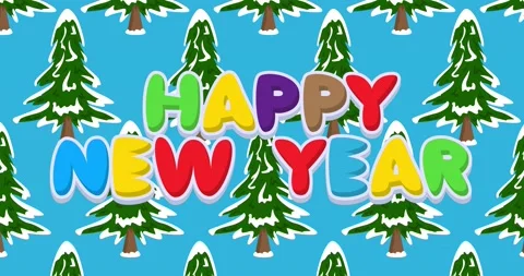 Dancing Winter Pine Tree Pattern with Happy New Year text Stock Footage 222271438
