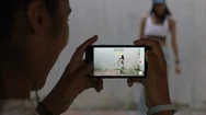 Dancing Woman Happy Freestyle Dancer Friend Using Smartphone Taking Video Stock Footage