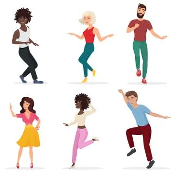 Dancing young people. Happy multi ethic men and women move to the music. Vector Stock Illustration