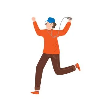 Dancing young student boy with blue cap and music player Stock Illustration