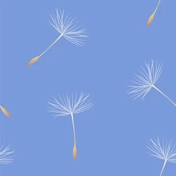 Dandelion fluff on blue seamless pattern. Card with blowball seeds for cover or Stock Illustration