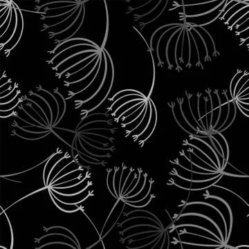 Dandelion grey seamless on dark background. Decorative dandelion wallpaper. S Stock Illustration