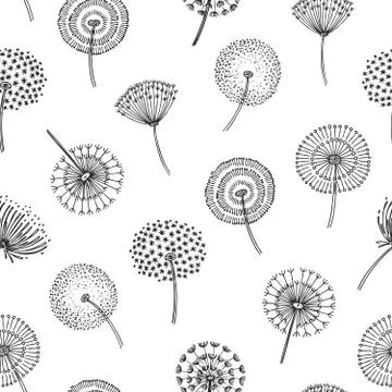 Dandelion seamless pattern. Dandelions grass pollen plant seeds blowing tranquil Ilustração Stock