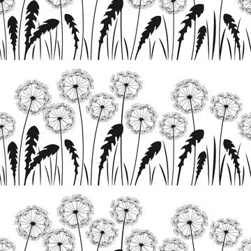 Dandelion silhouette seamless pattern flowers dandelions blossom engraved plants Stock Illustration