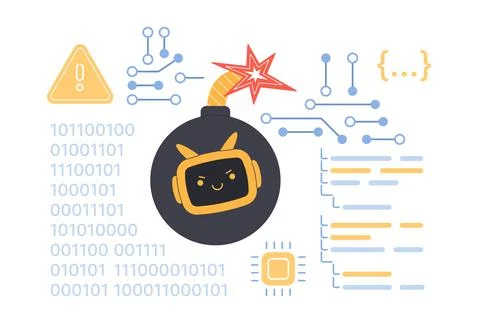 Danger and risks of using AI services, bomb with burning fuse and robot face Stock Illustration