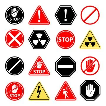 Danger and warning signs set, stop sign, stop hand, hazard and radiation symbols Stockillustratie