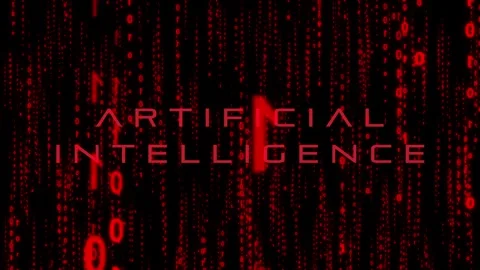 Danger of Artificial Intelligence words in dangerous red with red matrix Stock Footage 253428917