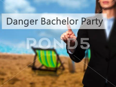 Danger Bachelor Party - Businesswoman hand pressing button on to Stock Photos