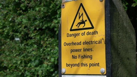 Warning Sign. No Fishing. Overhead Electrical Power Lines Stock