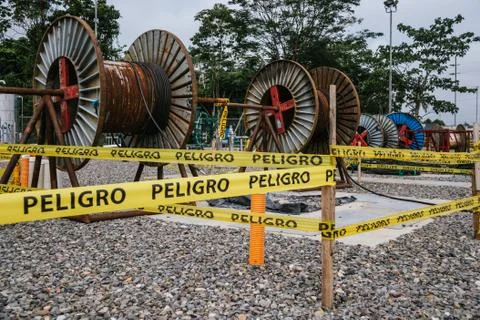 Danger, electrical waste area, keep safe distance Stock Photos