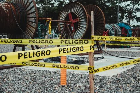 Danger, electrical waste area, keep safe distance Stock Photos
