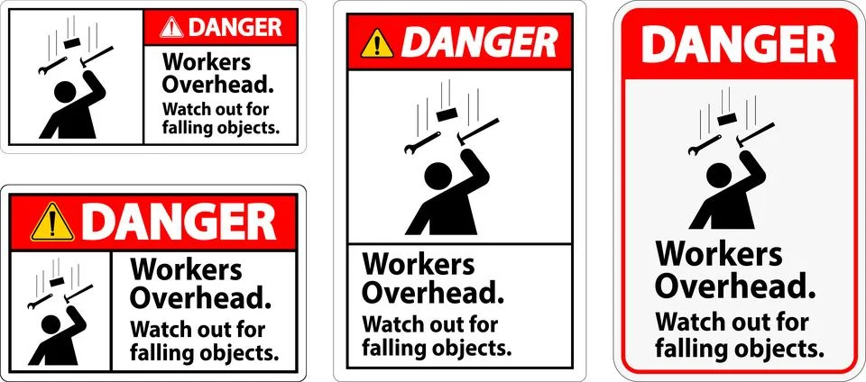 Danger Falling Debris Sign, Workers Overhead Falling Objects Stock Illustration