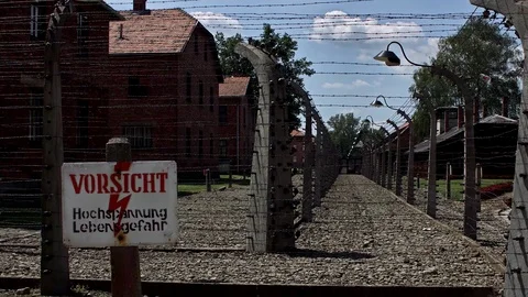 Danger high voltage may cause death - Auschwitz death camp Video stock 123074043