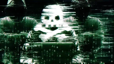 Danger Icon on Hack Screen and data matrix simulation with futuristic HUD sc Stock Footage 320895937