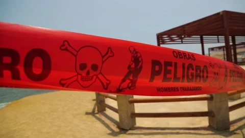 Danger information sign violation, warning, skull, Peligro Obras, Prohibited. Stock Footage 202587471