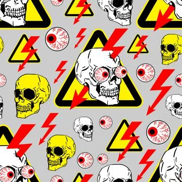 Danger! Keep out pattern seamless. Danger sign Skull and lightning background 스톡 일러스트