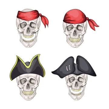 Danger pirate skull set in bandane and hat for tattoo or t-shirt design. Stock Illustration