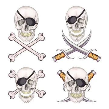 Danger pirate skull set with bones and knives for tattoo or t-shirt design. Stock Illustration