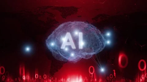 Danger red world map cyberspace with loop ai human brain animation Stock Footage 343614433
