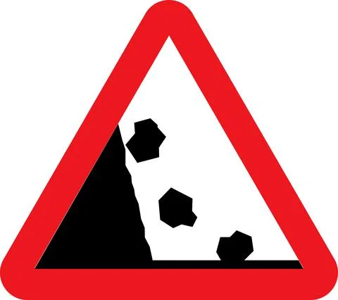 Danger Road Sign vector icon Of Rocks Fall Ahead isolated on white background. Illustrazione stock