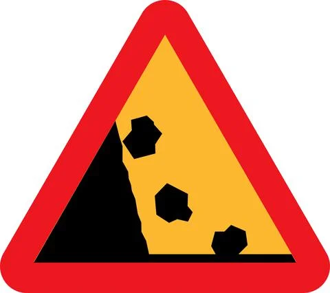 Danger Road Sign vector icon Of Rocks Fall Ahead isolated on white background. Illustrazione stock