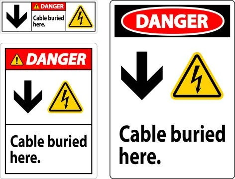 Danger Sign Cable Buried Here. With Down Arrow and Electric Shock Symbol Stock Illustration
