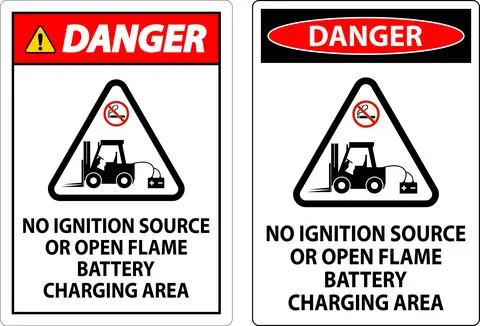 Danger Sign No Ignition Source Or Open Flame, Battery Charging Area Stock Illustration