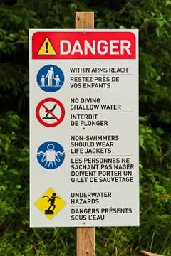 A danger sign with various beach rules on it Stock Photos