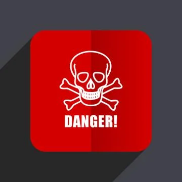 Danger skull flat design web vector icon. Red square sign on gray background Stock Illustration