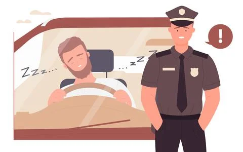 Danger of sleeping while driving car automobile, young sleepy driver and police Stock Illustration