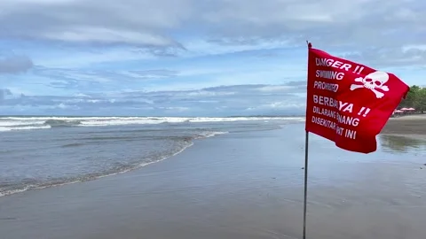 Danger, swimming prohibited, red warning flag with a skull on the sandy shore  Video stock 199024419