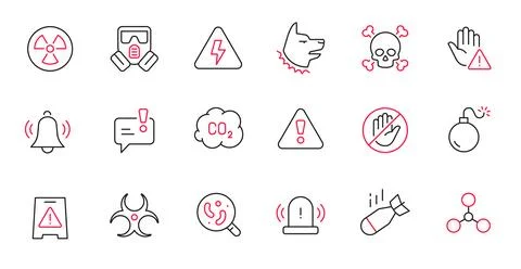 Danger warn attention icon set. Line alert, caution, chemical biohazard icon Stock-Illustration