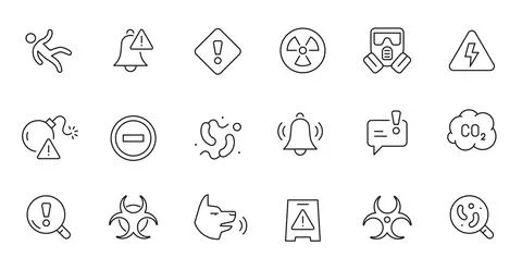 Danger warn attention icon set. Line alert, caution, chemical biohazard icon Stock Illustration