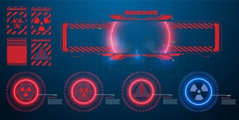 Danger warning circle red sign. Blue and red futuristic frame, radiation sign Illustrazione stock