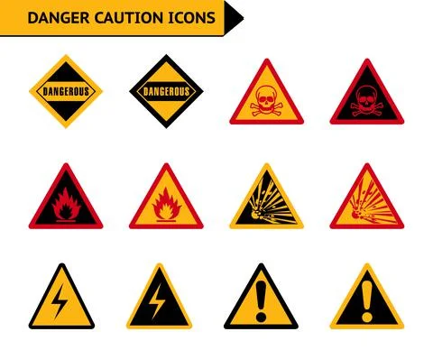 Danger warning fire caution vector icon set in red, yellow and black color on Stock Illustration