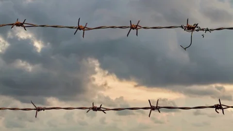 Dangerous barbed wire in front of floating clouds. The symbol is not freedom Video stock 82512647