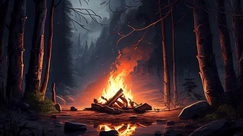Dangerous bonfire in the forest at night Stock Illustration