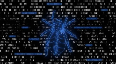 Dangerous bright blue low poly spider over binary code background Stock Illustration