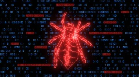 Dangerous bright red low poly spider over binary code background Illustrazione stock
