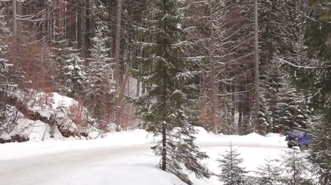 Dangerous car journey on a winter road in the mountains among the pine forest Stock Footage 59159094