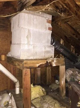 Dangerous chimney in attic Stock Photos