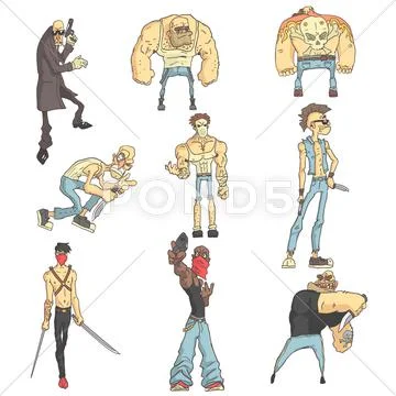 Dangerous Criminals Set Of Outlined Comics Style Illustrations Stock Illustration