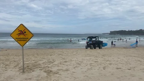 Dangerous Current Warning Sign board on Bondi Beach Stock Footage 219665812