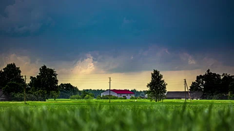 Dangerous dark clouds windy storm is develops in the horizon on the sky, trees Video stock 297140742