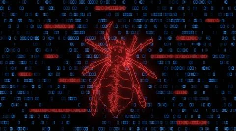 Dangerous dark red low poly spider over binary code background Illustrazione stock
