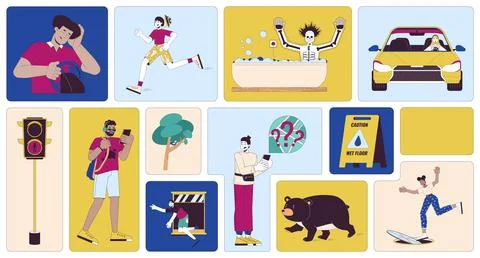 Dangerous everyday situations bento grid illustration set Stock Illustration