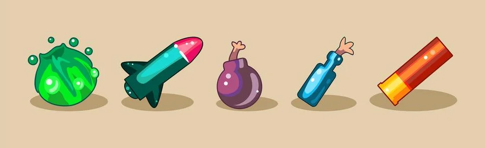 Dangerous Explosives Weapon as Asset for Mobile Game Vector Set Stock Illustration